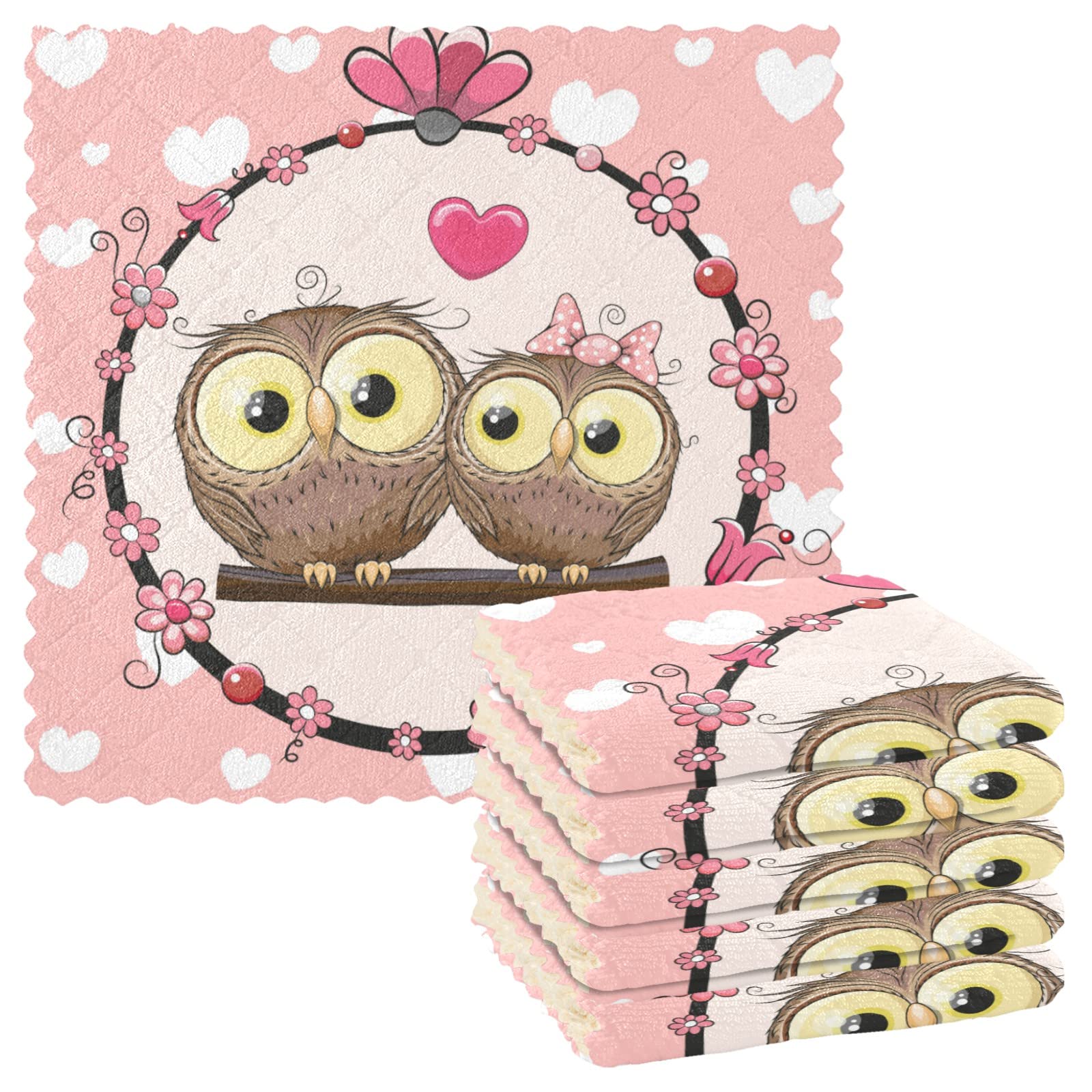 VIGTRO Mother Day Pink Owls Kitchen Dish Towels Super Absorbent, Premium Dish Cloths Towels, Cute Heart Washable Fast Drying Dish Rags Reusable Cleaning Cloth 11x11 6 Pack