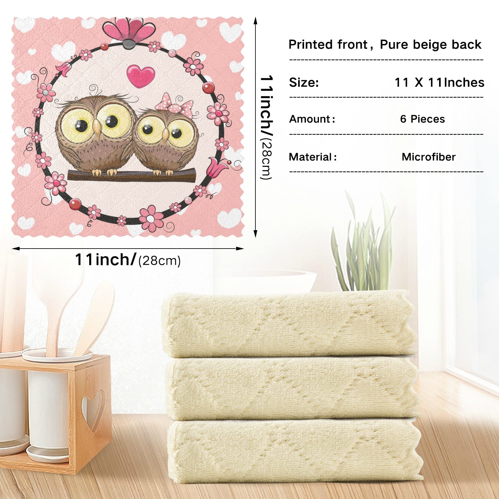 VIGTRO Mother Day Pink Owls Kitchen Dish Towels Super Absorbent, Premium Dish Cloths Towels, Cute Heart Washable Fast Drying Dish Rags Reusable Cleaning Cloth 11x11 6 Pack