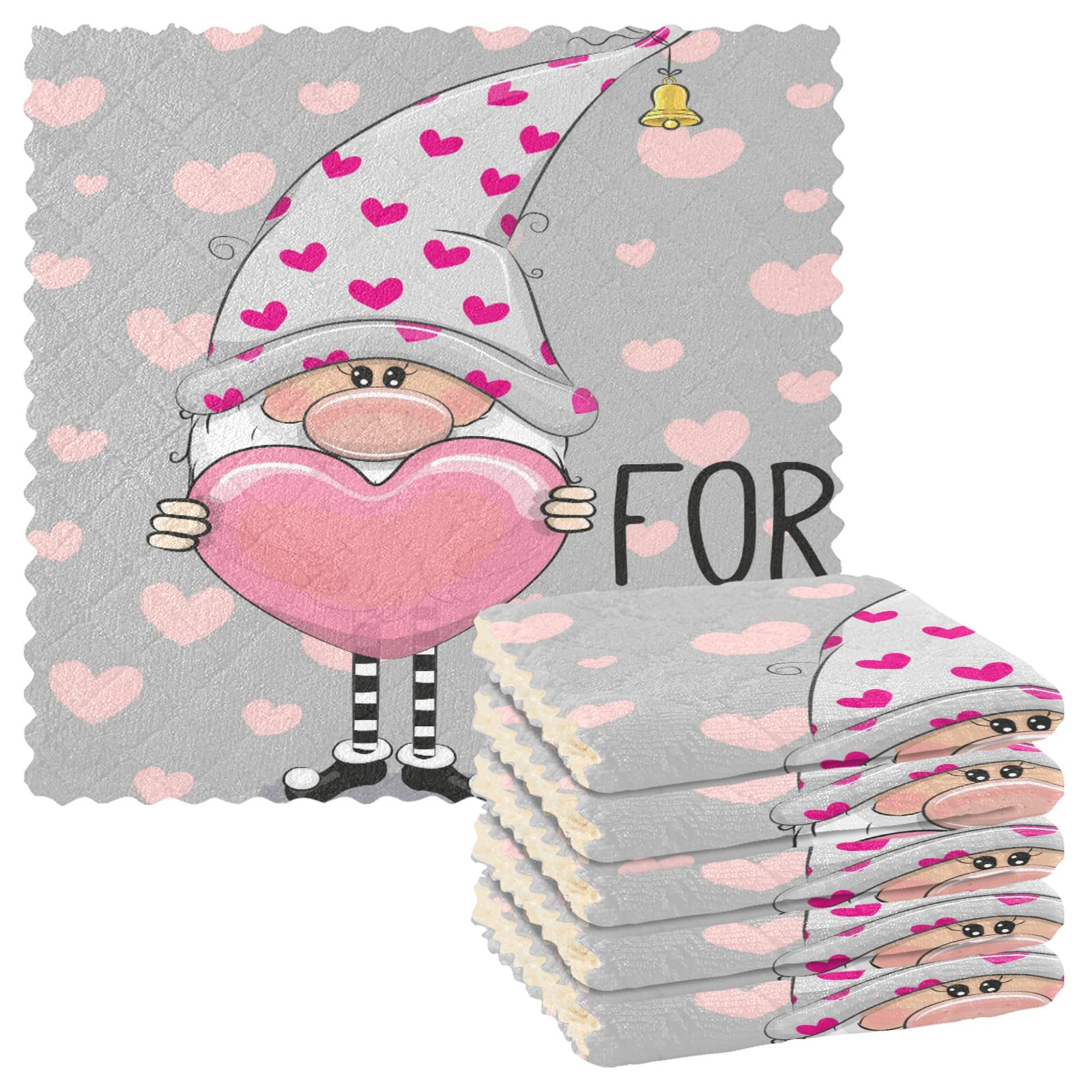 VIGTRO 6 Pack Super Absorbent Kitchen Towels,Shy Gnome Heart Premium Dish Cloths Towels, Valentine for You Washable Fast Drying Dish Rags Reusable Cleaning Cloth 11x11