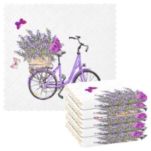 ALAZA Dish Towels Kitchen Cleaning Cloths Violet Bicycle Lavender Flower Butterflies Dish Cloths Super Absorbent Kitchen Towels Lint Free Bar Tea Soft Towel Kitchen Accessories Set of 6,11"x11"