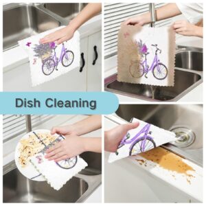 ALAZA Dish Towels Kitchen Cleaning Cloths Violet Bicycle Lavender Flower Butterflies Dish Cloths Super Absorbent Kitchen Towels Lint Free Bar Tea Soft Towel Kitchen Accessories Set of 6,11"x11"