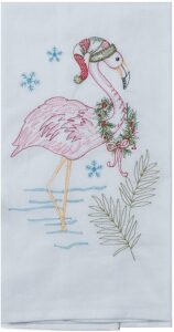 christmas holiday flamingo with wreath embroidered flour sack kitchen dish towel