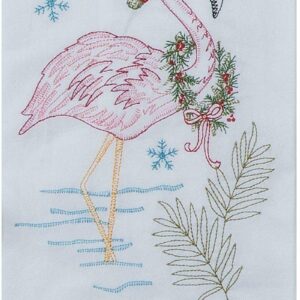 Christmas Holiday Flamingo with Wreath Embroidered Flour Sack Kitchen Dish Towel