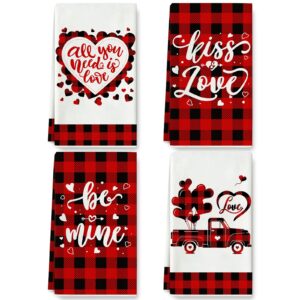 whaline valentine's day kitchen towel red black buffalo plaids heart love dish towel 18 x 28 inch sweet hand drying tea towel for wedding birthday mother's day cooking baking, 4pcs