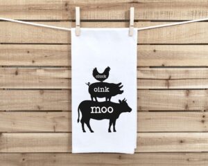 cluck oink moo stacked cow pig chicken flour sack kitchen towel hand tea dish towels rustic black white gift for dad mom men women wife husband family