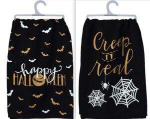 primitives by kathy halloween themed kitchen dish towel bundle set of 2 in a black organza bag - happy halloween - creep it real