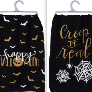 Primitives by Kathy Halloween Themed Kitchen Dish Towel Bundle Set of 2 in a Black Organza Bag - Happy Halloween - Creep It Real