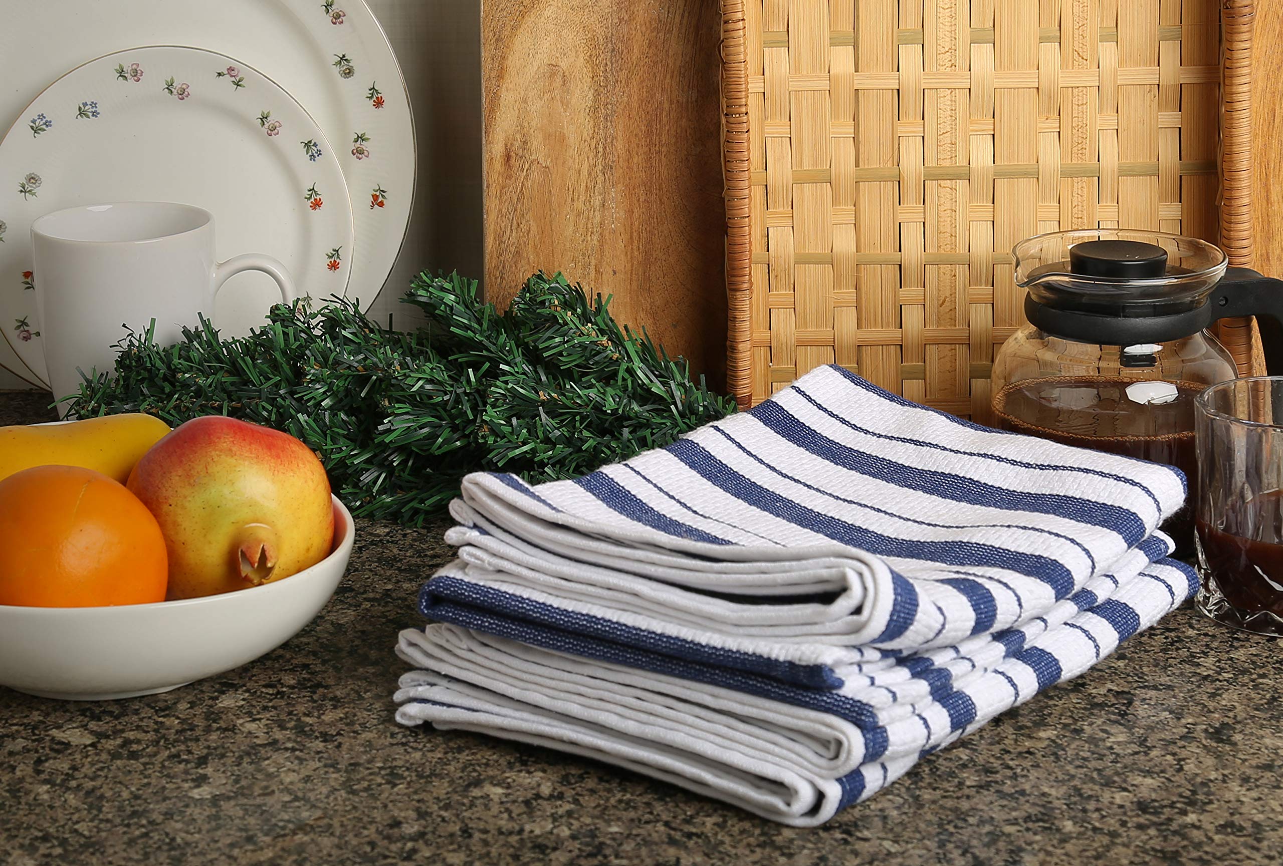 RAJRANG Dish Drying Kitchen Towels with Hanging Loops - 18 x 28 Inches Washable Ultra Absorbent and Quick-Dry Cloths for Everyday Cleaning - Set of 4 - Navy and White