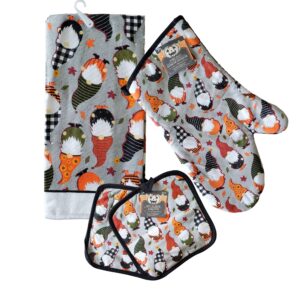 halloween kitchen dish towel and pot holders set: gnomes, happy hauntings, spooktacular home decor (gnomes)