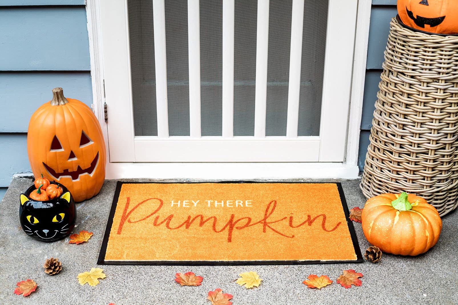 Pearhead Hey There Pumpkin Welcome Mat, Nonslip Rubber Backing Doormat, Outdoor and Indoor Entry Door Mat, Fall Home Dećor Accessory, Orange