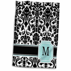 3D Rose Letter M Monogrammed Mint Blue Black and White Damask Pattern-Classy Personalized Initial Towel, 15" x 22", Multicolor