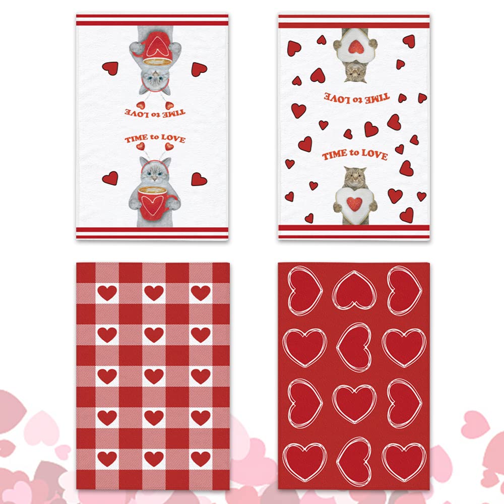 ABTOLS Valentine Kitchen Towel 4 Pieces Valentine's Day Heart Towels Red Love Cat Valentine Dish Towels Romantic Heart Kitchen Towel Soft Heart Dish Towels Kitchen Tea Towels for Home Kitchen