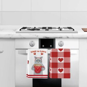 ABTOLS Valentine Kitchen Towel 4 Pieces Valentine's Day Heart Towels Red Love Cat Valentine Dish Towels Romantic Heart Kitchen Towel Soft Heart Dish Towels Kitchen Tea Towels for Home Kitchen