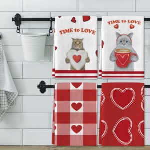 ABTOLS Valentine Kitchen Towel 4 Pieces Valentine's Day Heart Towels Red Love Cat Valentine Dish Towels Romantic Heart Kitchen Towel Soft Heart Dish Towels Kitchen Tea Towels for Home Kitchen