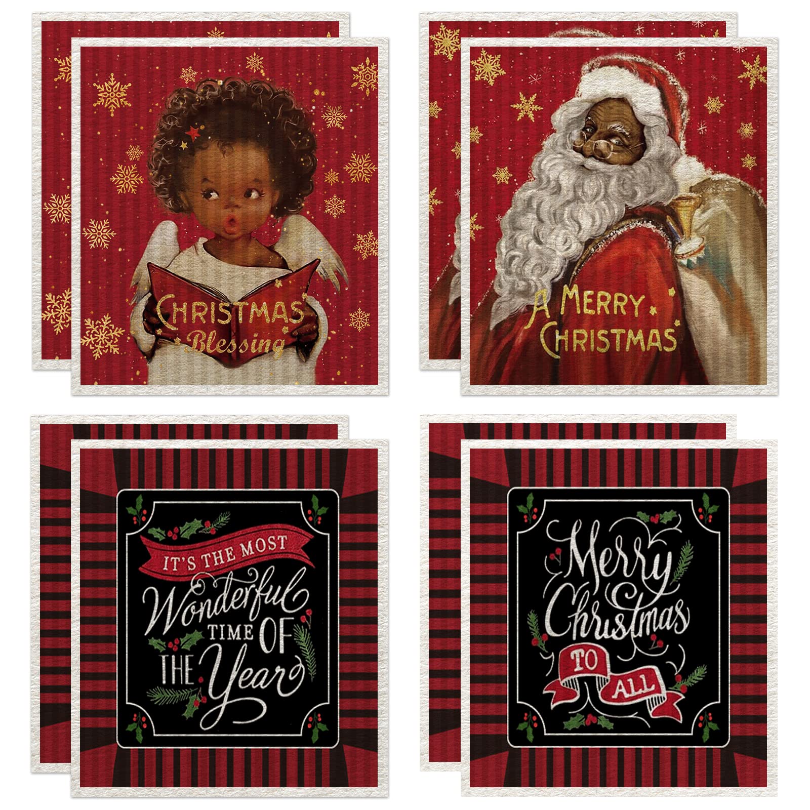 8 Pieces Christmas Swedish Dish Cloths African American Black Santa Angel Child Kitchen Dishcloth Sponge Cleaning Cloth Absorbent Dish Towels Soft Reusable Dish Cloths Washable Decorative Tea Towels