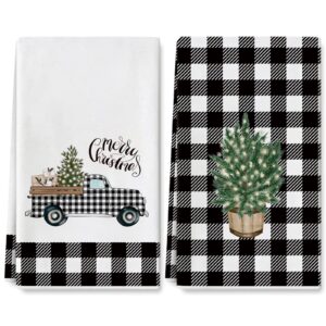 anydesign merry christmas kitchen towel white black buffalo plaids dish towel rustic xmas tree truck tea towel farmhouse hand drying towel for cooking baking, 18 x 28, 2 pack