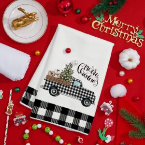 AnyDesign Merry Christmas Kitchen Towel White Black Buffalo Plaids Dish Towel Rustic Xmas Tree Truck Tea Towel Farmhouse Hand Drying Towel for Cooking Baking, 18 x 28, 2 Pack