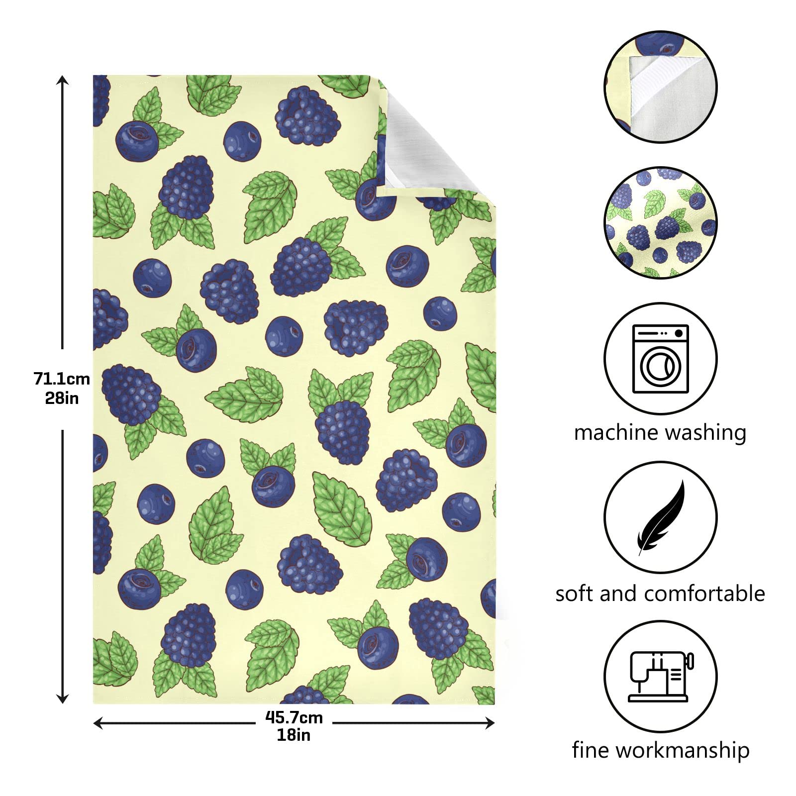 Summer Fruits Blueberry Kitchen Towel Set Fresh Grape Leaves Green Dish Towel Set of 1 Tea Towels Large 28''x18'' Multi-Purpose Washing Cloth Home Decorative Lint-Free Dishcloths for Restaurant Hous