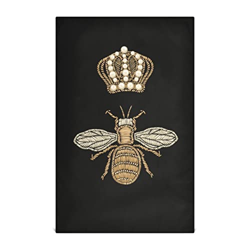 Gold Embroidery Bee and Gold Black Crown on Dark Seamless Pattern Set of 1 Polyester Kitchen Dish Towel, Hemmed Napkin Terry Towel, Dishtowels Dishcloths, Hand Bar Tea Towels with Hanging Loop