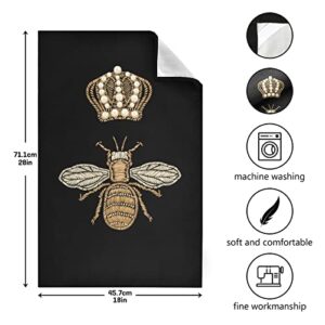 Gold Embroidery Bee and Gold Black Crown on Dark Seamless Pattern Set of 1 Polyester Kitchen Dish Towel, Hemmed Napkin Terry Towel, Dishtowels Dishcloths, Hand Bar Tea Towels with Hanging Loop