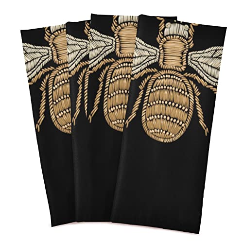 Gold Embroidery Bee and Gold Black Crown on Dark Seamless Pattern Set of 1 Polyester Kitchen Dish Towel, Hemmed Napkin Terry Towel, Dishtowels Dishcloths, Hand Bar Tea Towels with Hanging Loop