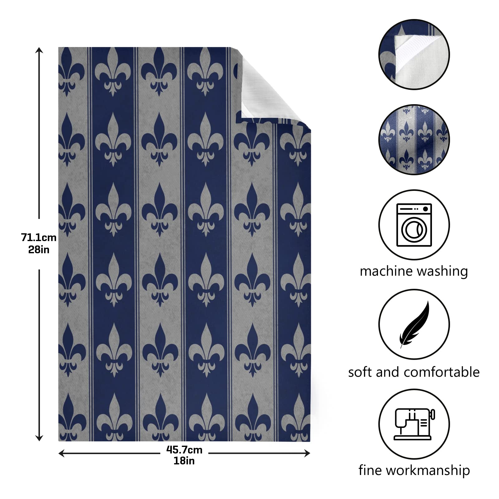 ALAZA Navy Blue and Gray Fleur De Lis Kitchen Towels Absorbent Dish Towels Soft Wash Clothes for Drying Dishes Cleaning Towels for Home Decorations Set of 6, 28 X 18 Inch