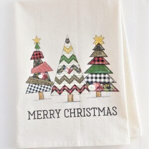 Kitchen Dish Towel - Merry Christmas Quilted Trees Flour Sack Towel Natural Color