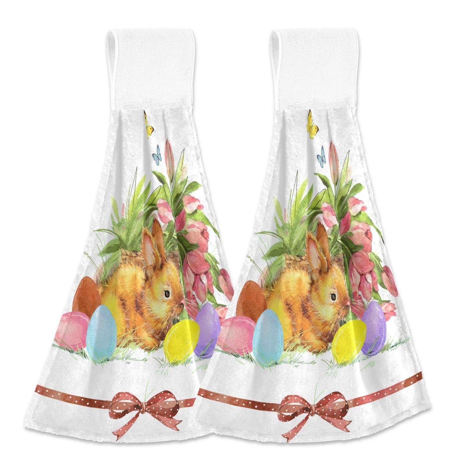 Easter Bunny Eggs Kitchen Hanging Towel 12 x 17 Inch Watercolor Butterfly Tulips Hand Tie Towels Set 2 Pcs Tea Bar Dish Cloths Dry Towel Soft Absorbent Durable for Bathroom Laundry Room Decor