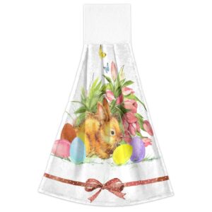 Easter Bunny Eggs Kitchen Hanging Towel 12 x 17 Inch Watercolor Butterfly Tulips Hand Tie Towels Set 2 Pcs Tea Bar Dish Cloths Dry Towel Soft Absorbent Durable for Bathroom Laundry Room Decor