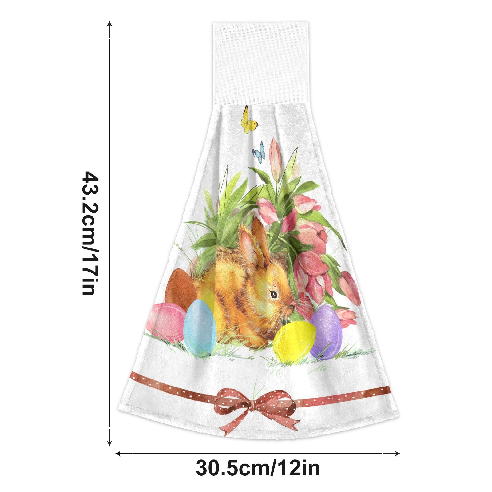 Easter Bunny Eggs Kitchen Hanging Towel 12 x 17 Inch Watercolor Butterfly Tulips Hand Tie Towels Set 2 Pcs Tea Bar Dish Cloths Dry Towel Soft Absorbent Durable for Bathroom Laundry Room Decor