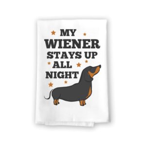 honey dew gifts, funny dachshund kitchen towel, my wiener stays up all night, pet and dog lovers dish and hand towels, multi-purpose cotton flour sack towel