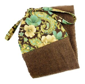 teal and cream flowers and paisley with gold on brown reversible ties on stays put kitchen hanging loop hand dish towel