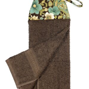 Teal and Cream Flowers and Paisley with Gold on Brown Reversible Ties On Stays Put Kitchen Hanging Loop Hand Dish Towel