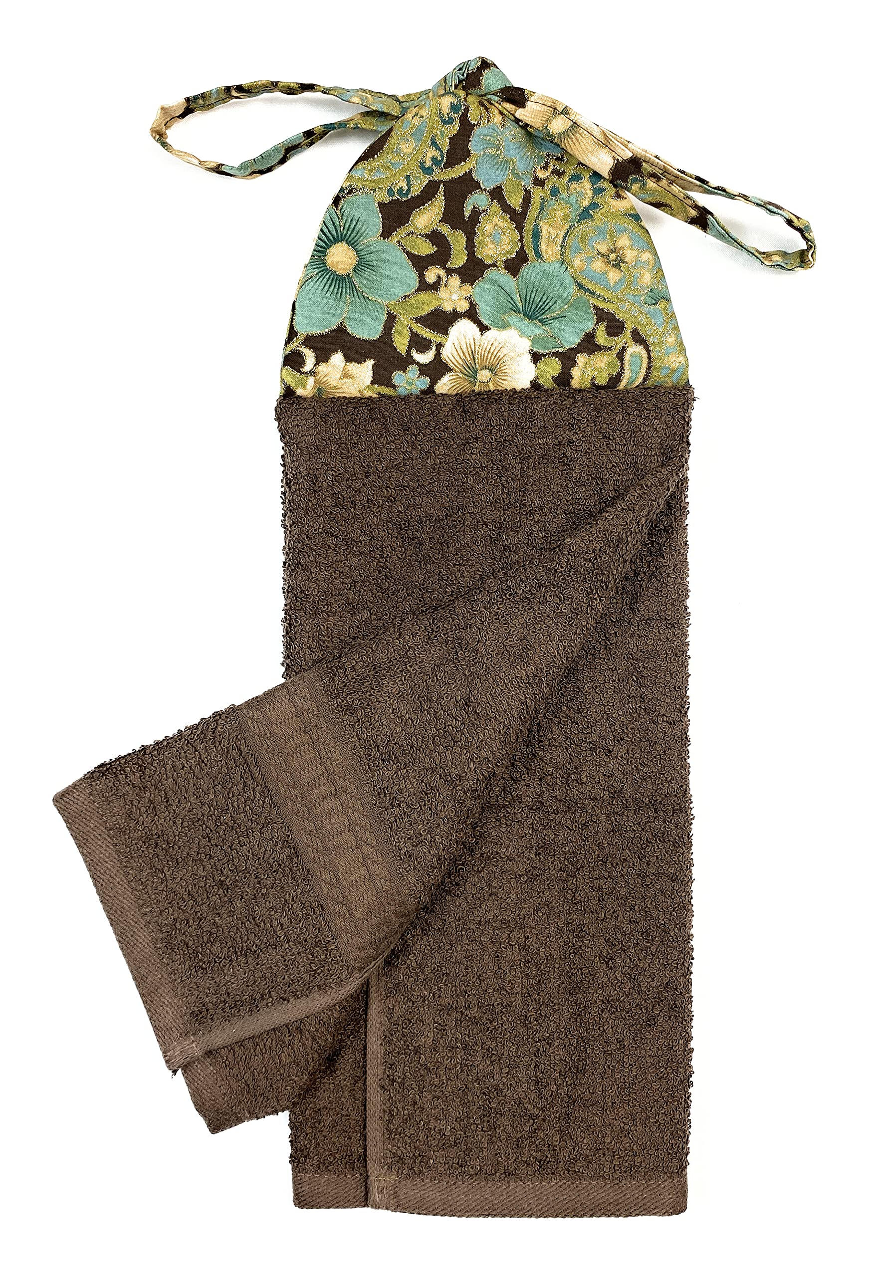 Teal and Cream Flowers and Paisley with Gold on Brown Reversible Ties On Stays Put Kitchen Hanging Loop Hand Dish Towel