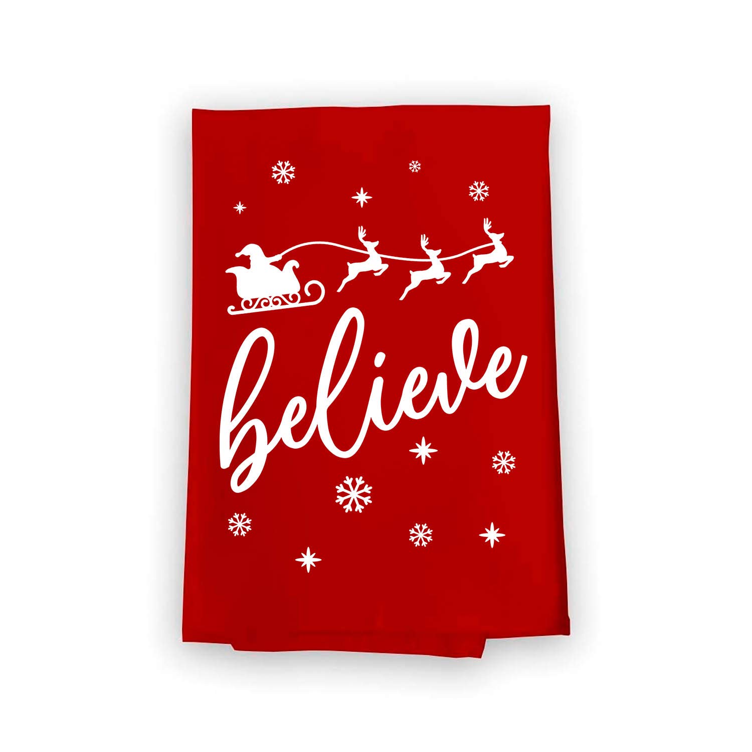 Honey Dew Gifts, Believe, Cotton Flour Sack Towel, 27 x 27 Inch, Made in USA, Christmas Dish Towels, Red Hand Towels, Christmas Kitchen Decor, Holiday Towels Bathroom, Santa Claus Decoration