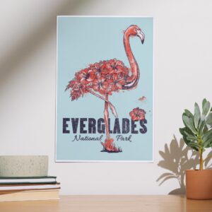 Lantern Press Everglades National Park, Flamingo, Flowers (12x18 Art Print, Travel Poster Wall Decor)