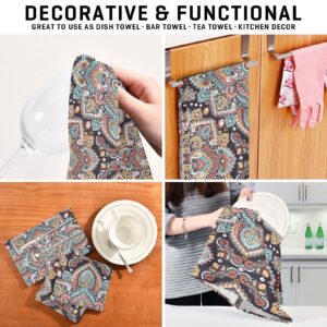 MNSRUU Kitchen Towels Dishcloths Sets 4Pcs with Hanging Loop, Indian Floral Paisley Absorbent Kitchen Décor Cleaning Hand Towel Tea Towels for Farmhouse Kitchen Dishes Tea Home