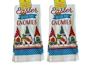 set of 2 kitchen towel easter gnome towel | easter with my gnomies towel | happy easter tea, dish kitchen towels packaged in a soko smiles bag and easter peeps card.