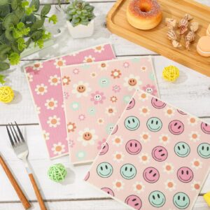 Whaline Boho Retro Swedish Dish Towel Spring Summer Vintage Smile Flower Reusable Kitchen Dishcloth Absorbent Cotton Quick Drying Cleaning Dishcloths for Party Home Counter Wipes, 7 x 8 Inch