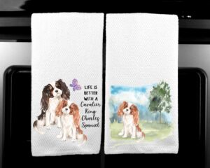 cavalier king charles spaniel landscape and watercolor dog life is better microfiber kitchen tea towel set of 2