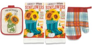 autumn sunflowers and pumpkins kitchen towels and pot holder set: locally grown pick your own flowers and seeds with cute garden boots (be thankful)