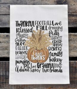 kitchen dish towel - fall flour sack towel - give thanks word art pumpkin