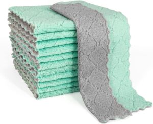 jifover 12-pack of dish towels for kitchen premium dishcloths, super absorbent coral velvet dishtowels, nonstick oil washable fast drying - green & grey. (12 pack/set)