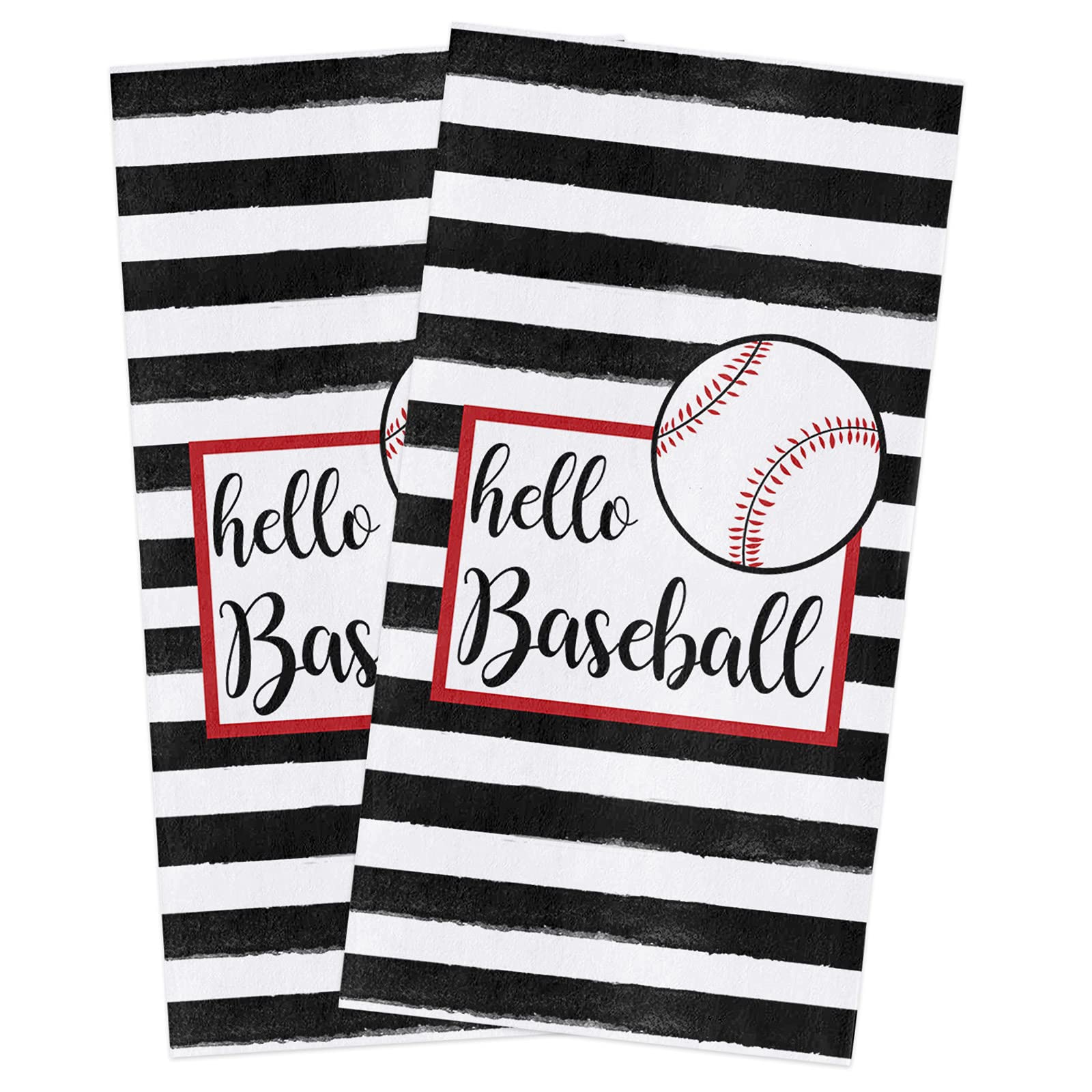 Sports Baseball Game Kitchen Towels, Set of 2 Hand Drying Towel, Soft Absorbent Multipurpose Cloth Tea Towels for Cooking Baking, Watercolor Black White Stripes Washable Dish Towels Cloth 18x28 Inch