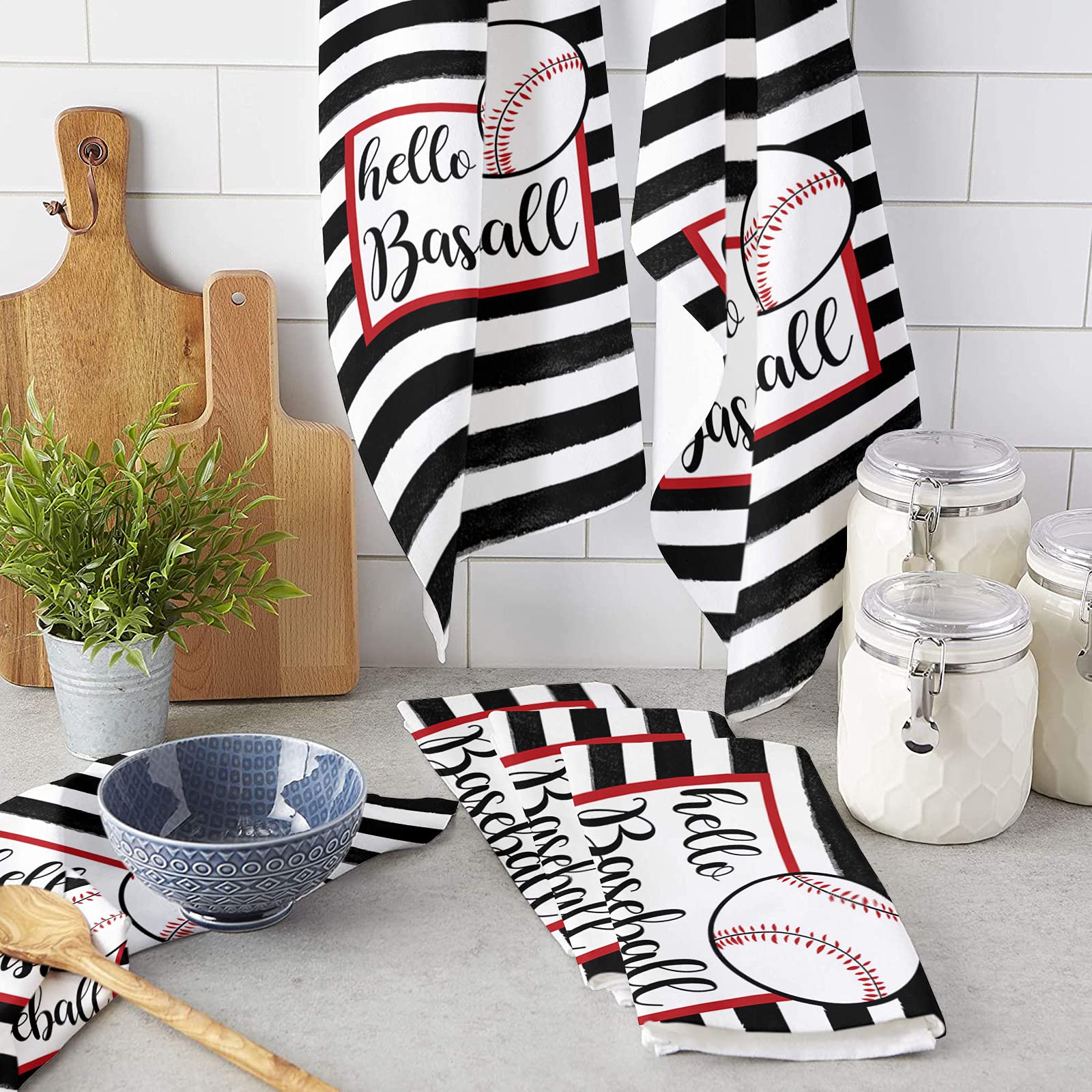 Sports Baseball Game Kitchen Towels, Set of 2 Hand Drying Towel, Soft Absorbent Multipurpose Cloth Tea Towels for Cooking Baking, Watercolor Black White Stripes Washable Dish Towels Cloth 18x28 Inch