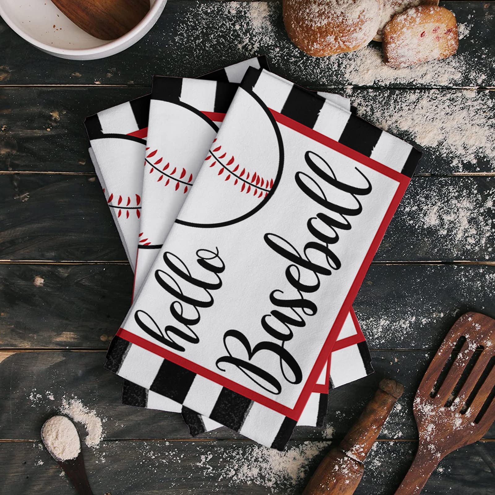 Sports Baseball Game Kitchen Towels, Set of 2 Hand Drying Towel, Soft Absorbent Multipurpose Cloth Tea Towels for Cooking Baking, Watercolor Black White Stripes Washable Dish Towels Cloth 18x28 Inch