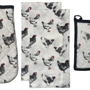 Set of 4, 100% Cotton, Farmhouse Design Black & White Rooster Sentiment Farmers Market, Kitchen Towel Set, Include 2 Kitchen Towels, 1 Pot Holder & 1 Ovenmitt.