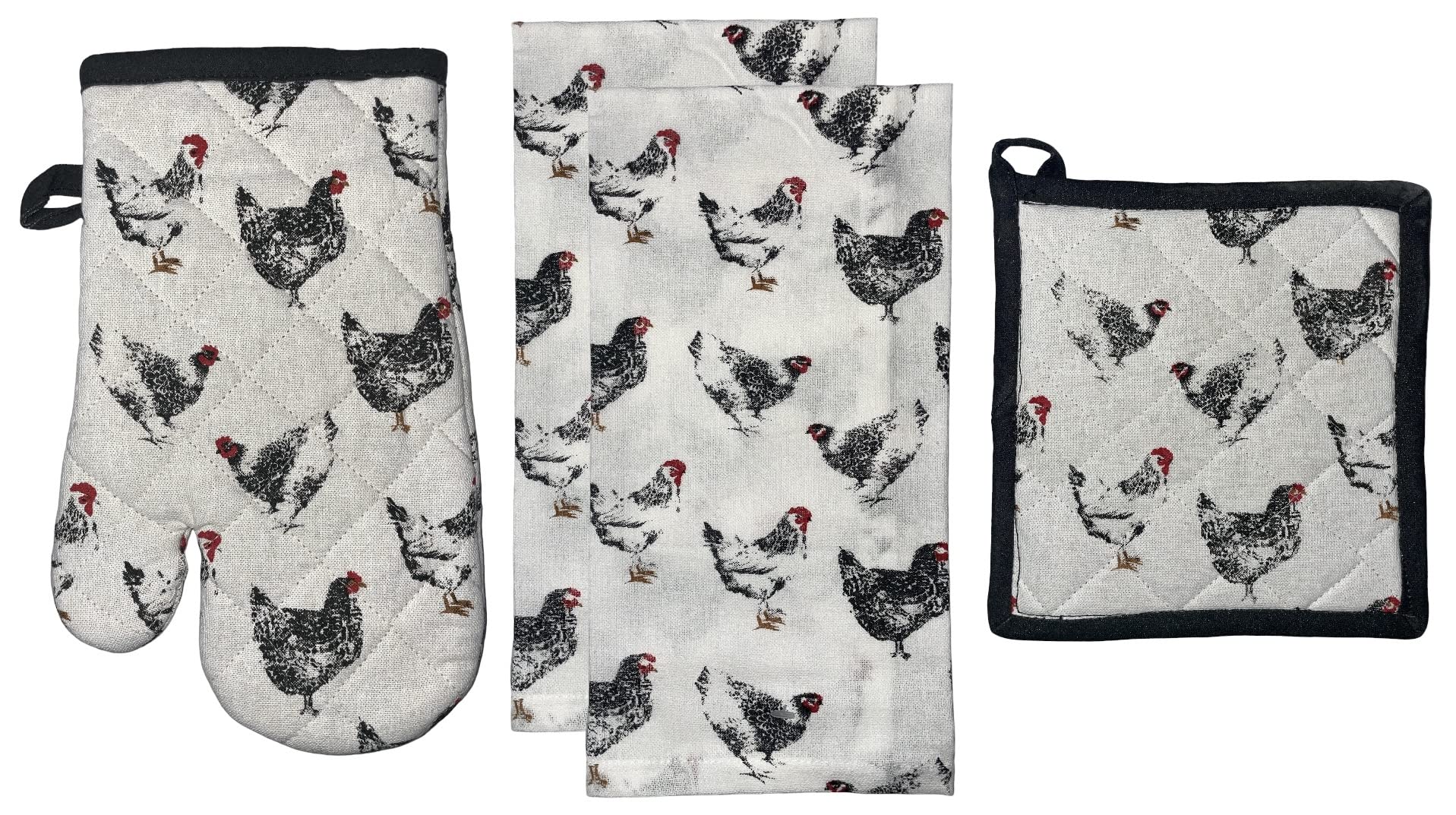 Set of 4, 100% Cotton, Farmhouse Design Black & White Rooster Sentiment Farmers Market, Kitchen Towel Set, Include 2 Kitchen Towels, 1 Pot Holder & 1 Ovenmitt.