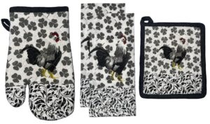 set of 4, 100% cotton black & white roosters theme farmhouse kitchen towels set - dish towels, include 2 kitchen towels, 1 pot holder & 1 ovenmitt.