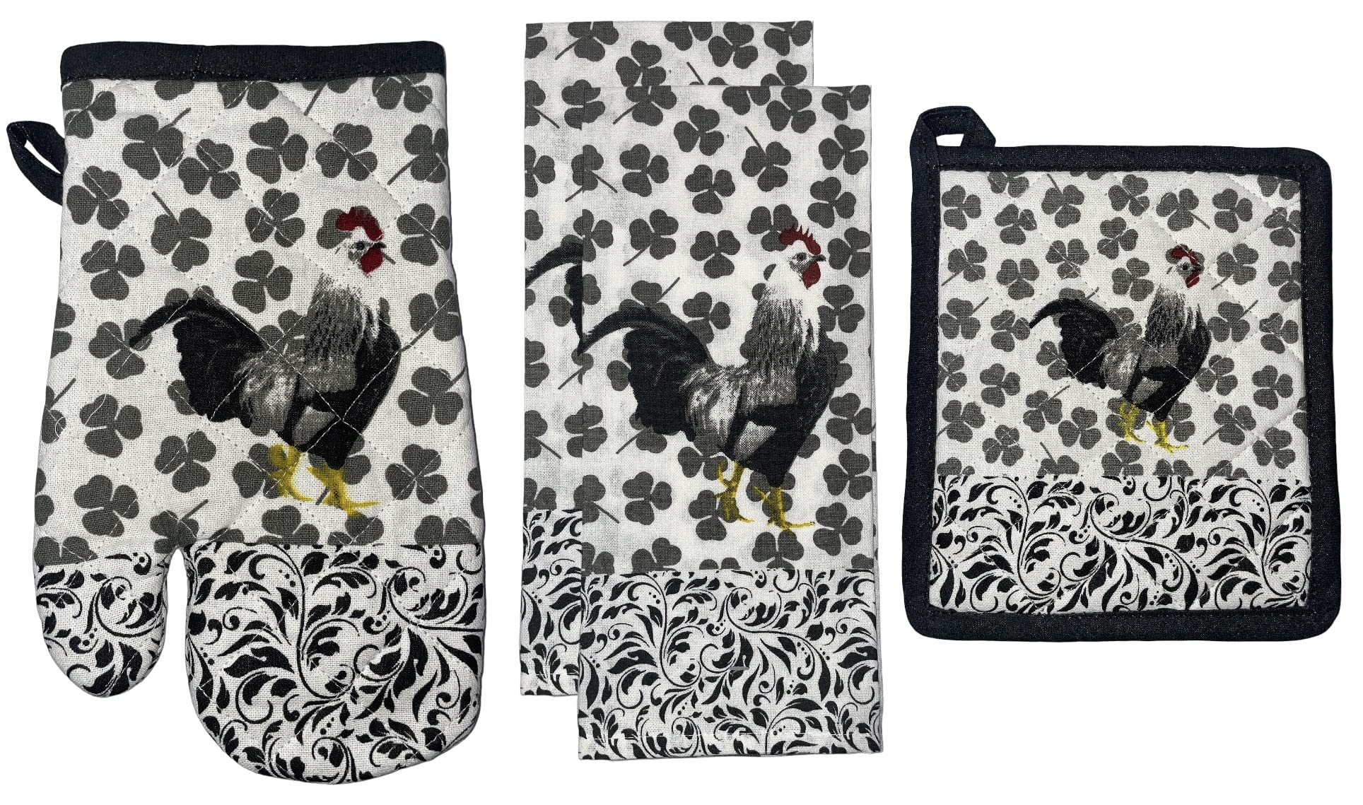 Set of 4, 100% Cotton Black & White Roosters Theme Farmhouse Kitchen Towels Set - Dish Towels, Include 2 Kitchen Towels, 1 Pot Holder & 1 Ovenmitt.